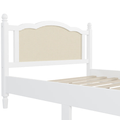 Queen Size Wooden Platform Bed with Natural Rattan Headboard, Vintage Bed Frame with Wooden Slat Support, White