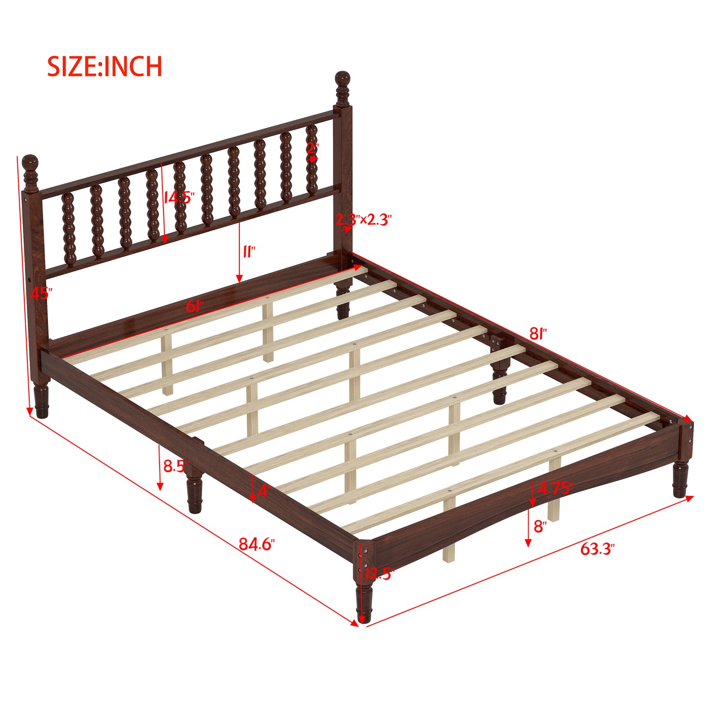 Queen Size Wood Platform Bed with Gourd Shaped Headboard,Retro Style Platform Bed with Wooden Slat Support,Walnut