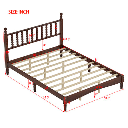 Queen Size Wood Platform Bed with Gourd Shaped Headboard,Retro Style Platform Bed with Wooden Slat Support,Walnut