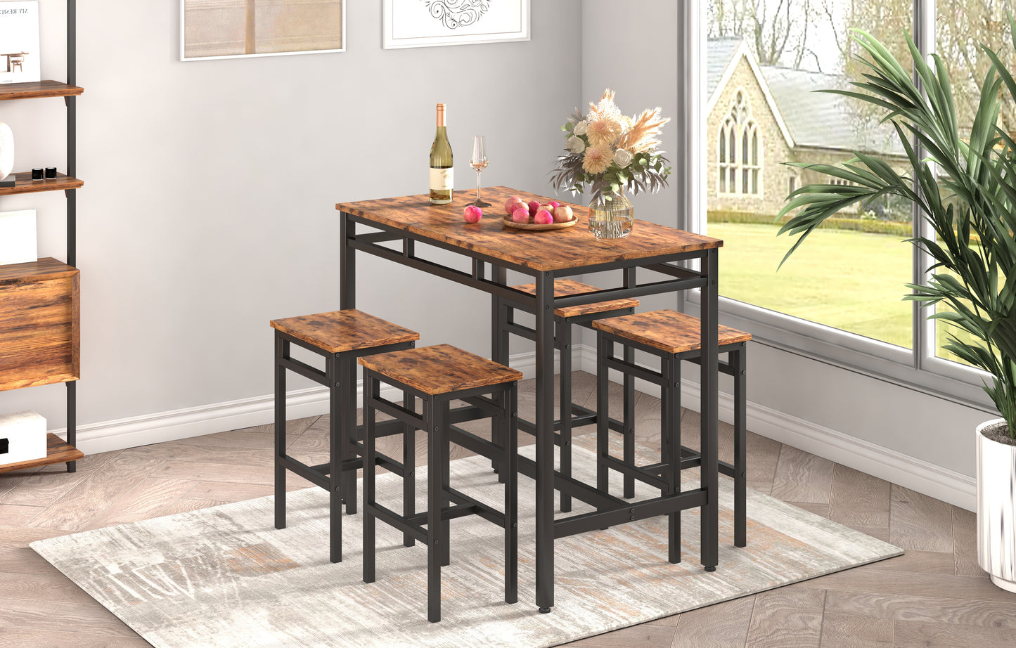 Bar table set 5PC Dinging table set with high stools, structural strengthening, industrial style. Rustic Brown, 43.31'' L x 23.62'' W x 35.43'' H.