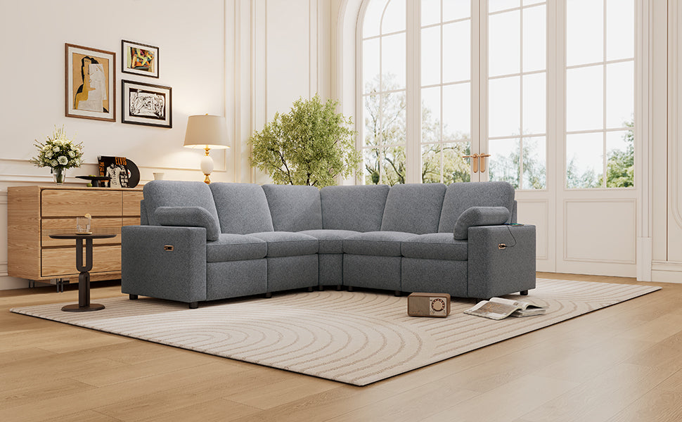 89" Power Recliner Sectional Sofa Home Theater Reclining Sofa with Two USB Ports, Two Storage Drawers for Living Room, Gray