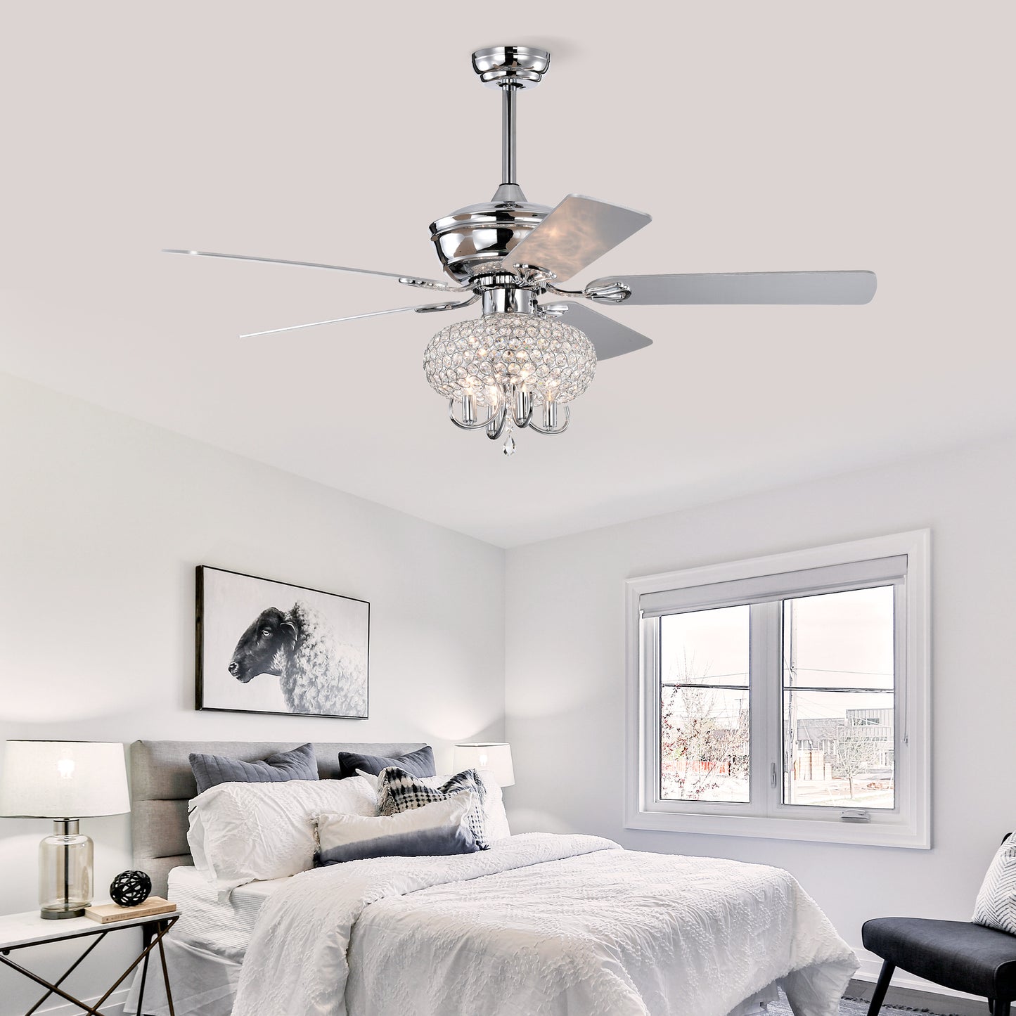 52 inch Crystal Ceiling Fan with Lights Fandelier Chandelier Reversible Blades 3 Wind Speeds Remote Control for Bedroom Living Dining Room--Chrome