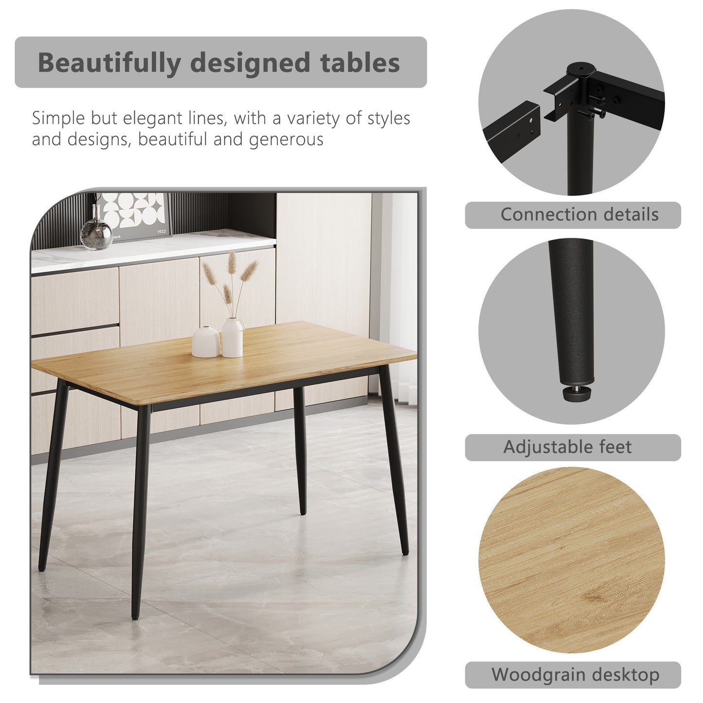 Modern minimalist wood grain tabletop dining table, stylish dining table, kitchen dining table, sturdy and durable, easy to assemble, black metal leg design, suitable for 4-6 people, suitable for home