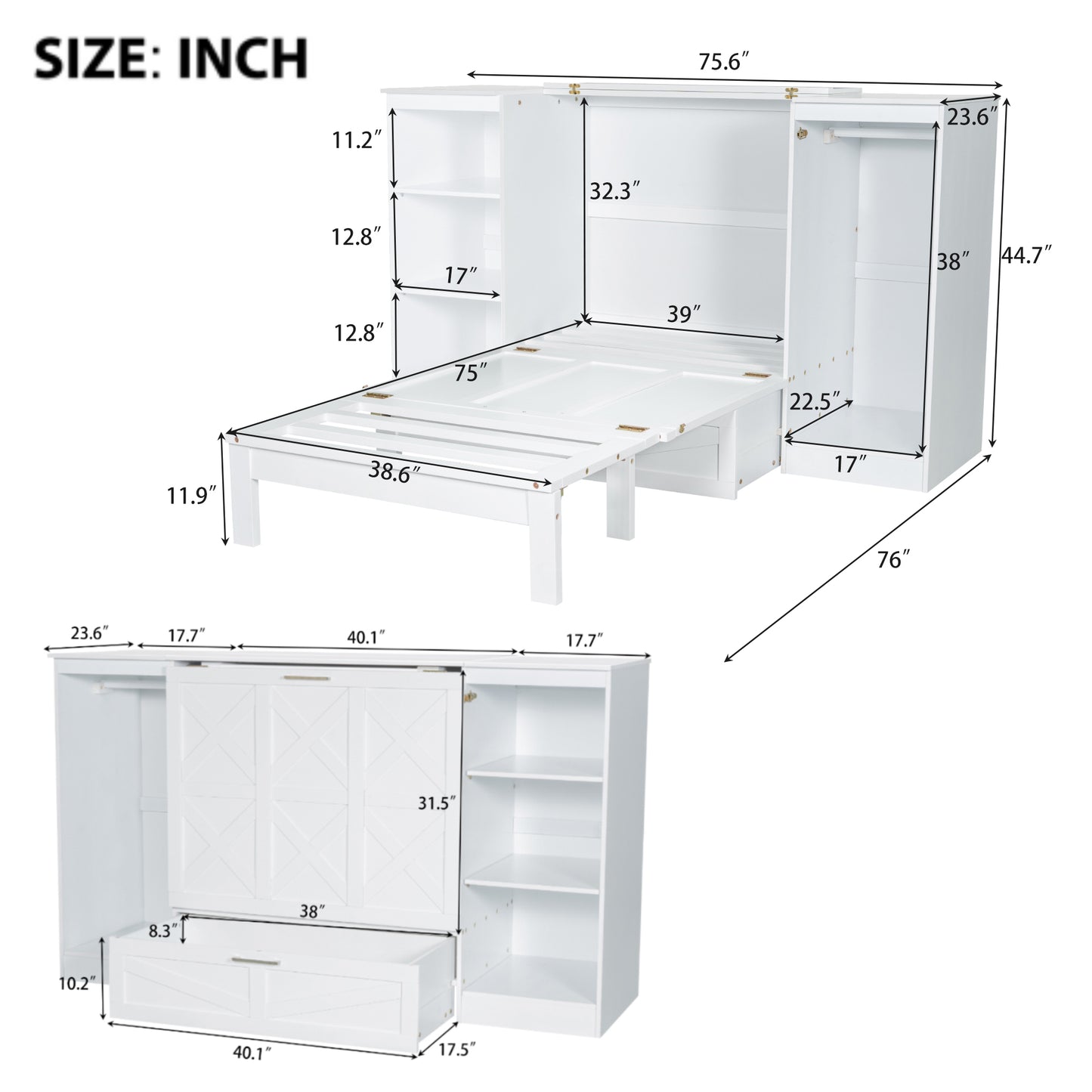 Twin Size Murphy Bed with Bedside Shelves and Wardrobe, White