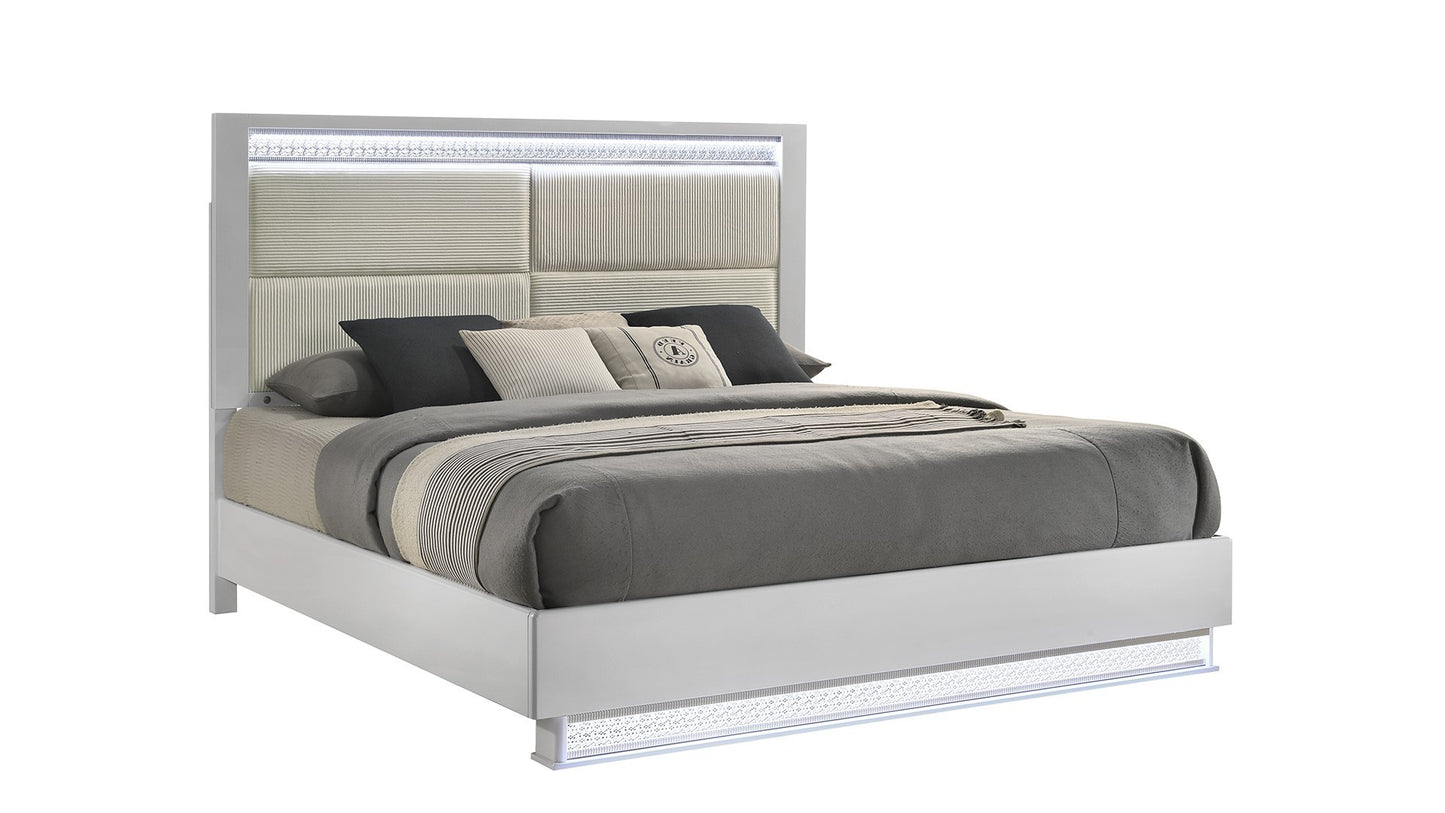 Glam Modern Style Queen Bed Made with LED Headboard & Wood in White