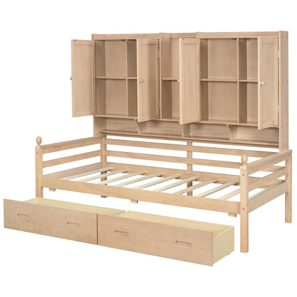 Twin Size Wooden Storage Daybed Frame with Bookcase Headboard and Two Under-bed Drawers for Bedroom Living Room, No Box Spring Needed,Natural