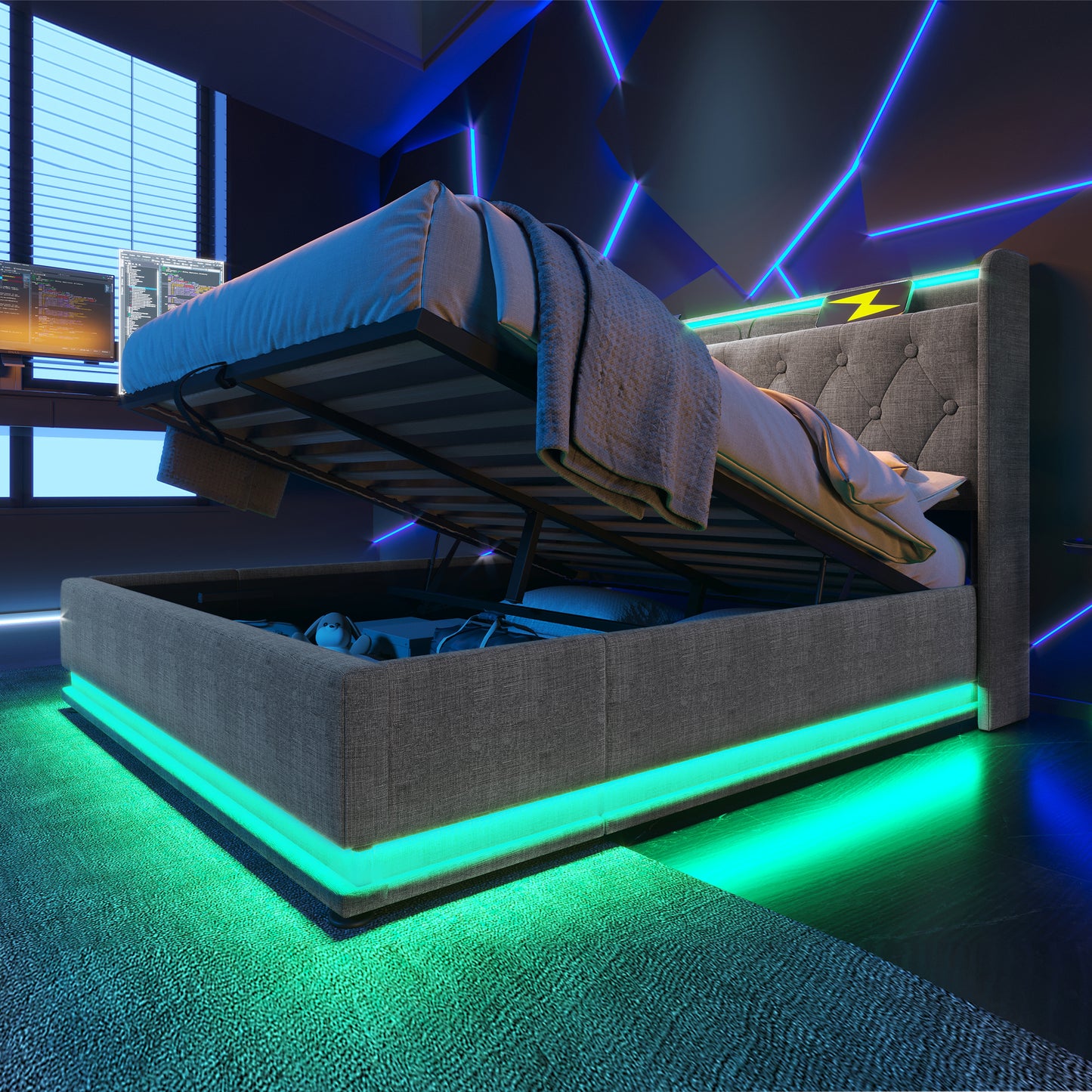 Full size Upholstered bed, 360 surround LED function, Buttons/Apps/Remote Control, hydraulic storage bed with USB Type-C charging, Gray,Linen (Without mattress)