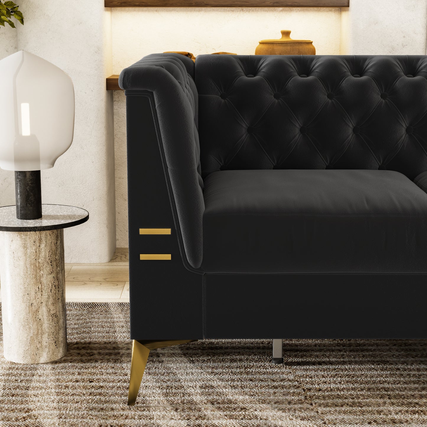 FX-P83-BK2(SOFA) Luxurious Black Velvet Sofa with Gold Legs - Modern Chesterfield Design, Tufted Upholstery, 3-Seat Couch for Living Room and Office