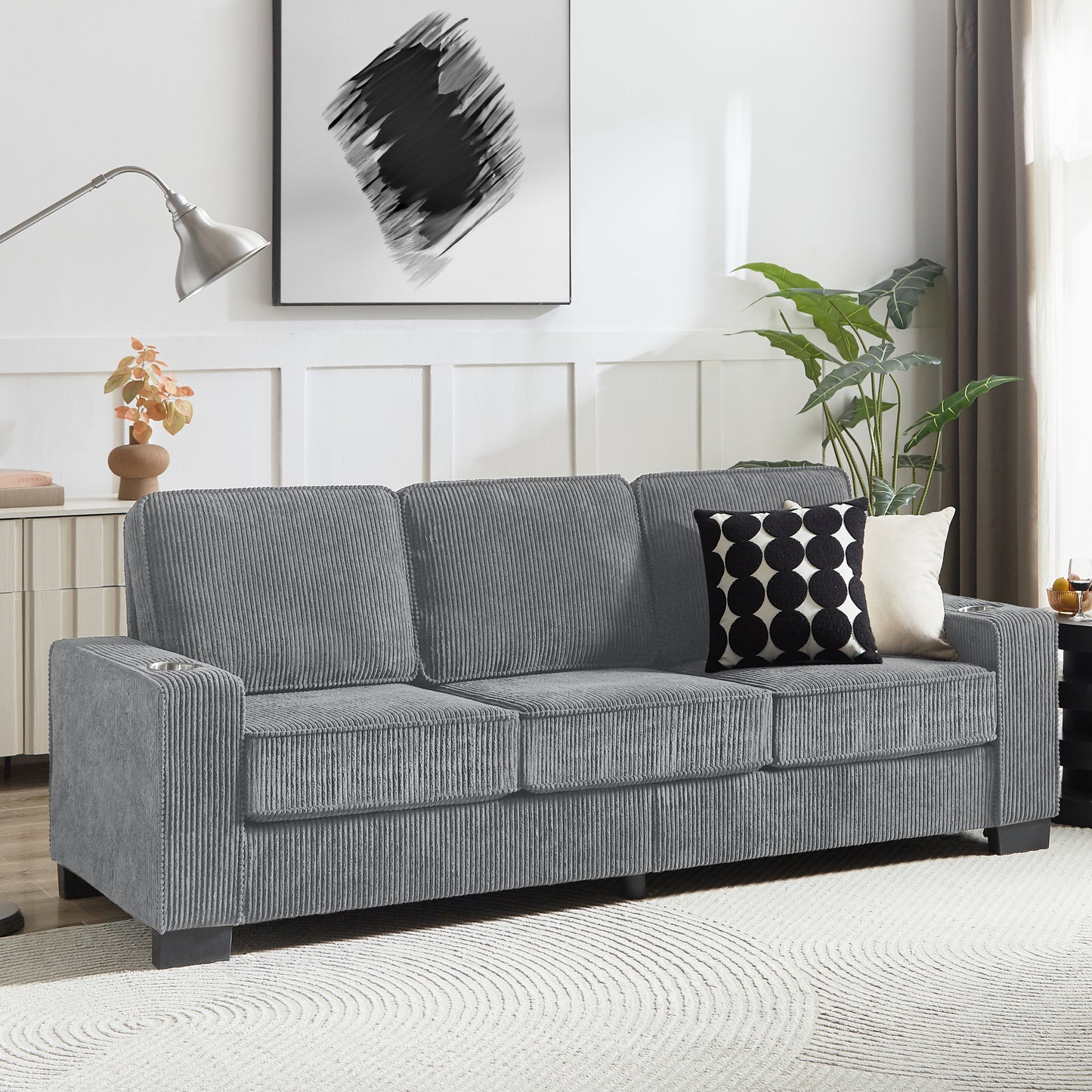 83.86"Corduroy Fabric sofa,Modern Compressed Couch,3-Seater Sofa, Furniture for Living Room,Bedroom,office ,Gray