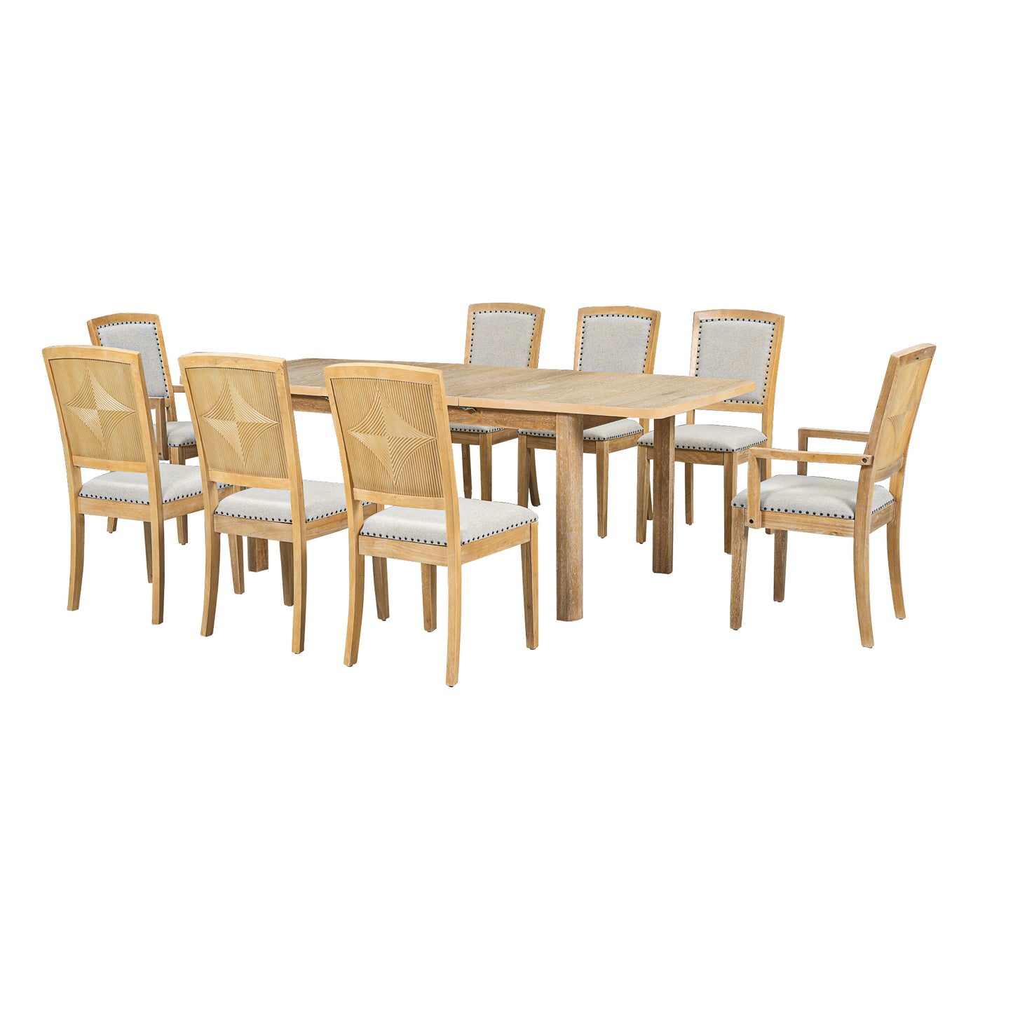 TOPMAX Rustic Extendable 84inch Dining Table Set with 24inch Removable Leaf , 6 Upholstered Armless Dining Chairs and 2 Padded Arm Chairs, 9 Pieces, Natural