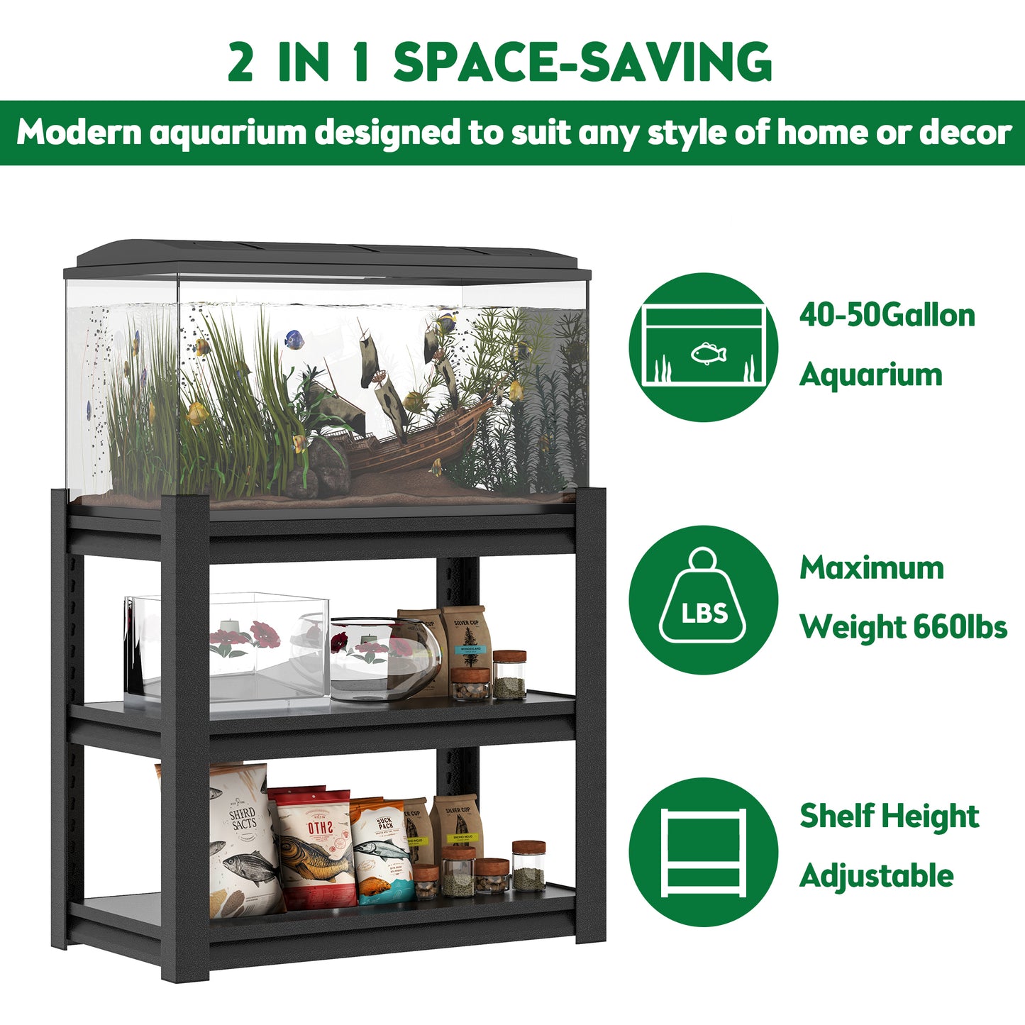 40-50 Gallon Fish Tank Stand - Metal Aquarium Stand, 31.5 "L x 18 "W x 34"H Adjustable Heavy Duty Reptile Tank Stand, Adjustable 3-Tier Fish Tank Rack Shelf for Home Office, Tank Not Included