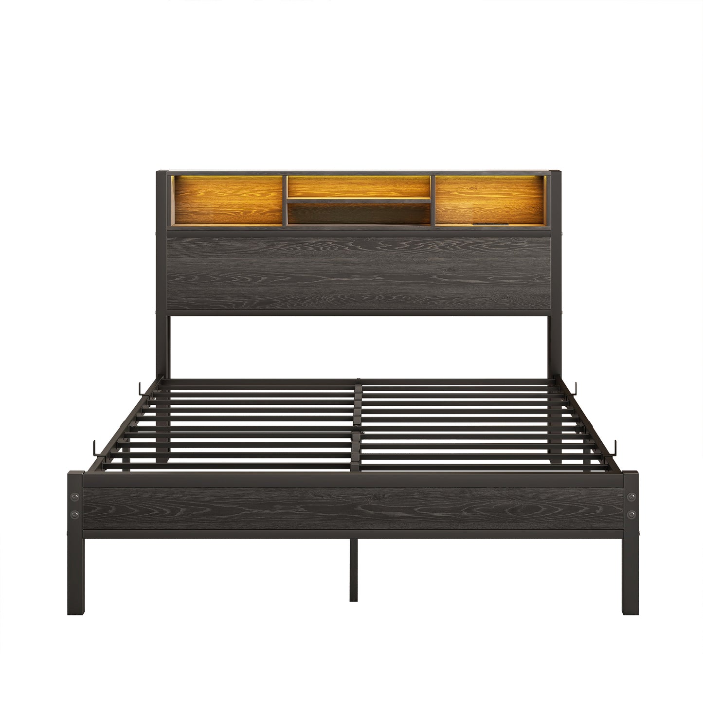 Full Size Bed Frame with Storage Headboard, Metal Platform Bed with Charging Station,  Bookcase Storage, No Box Spring Needed, Easy Assembly, Noise-Free, Black