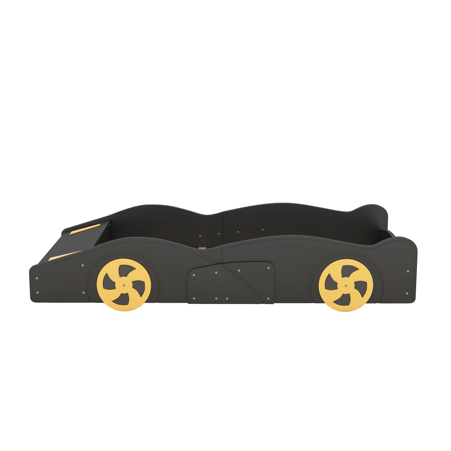 Twin Size Race Car-Shaped Platform Bed with Wheels and Storage, Black+Yellow