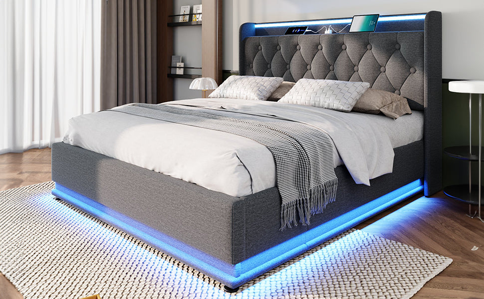 Full size Upholstered bed, 360 surround LED function, Buttons/Apps/Remote Control, hydraulic storage bed with USB Type-C charging, Gray,Linen (Without mattress)