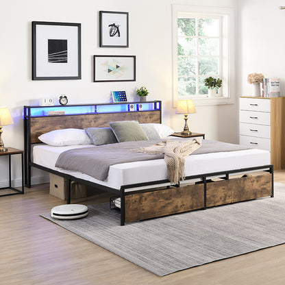 King Bed Frame, Storage Headboard with Charging Station, Solid and Stable, Noise Free, No Box Spring Needed, Easy Assembly