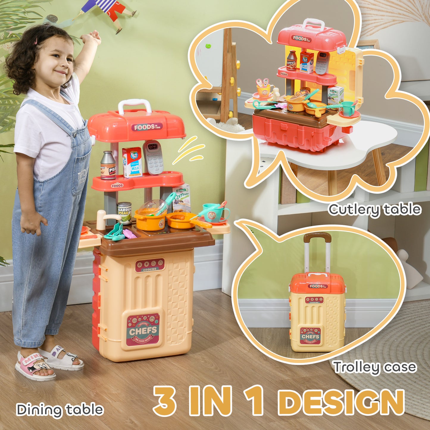 Qaba 3 in 1 Kids Kitchen Playset, Foldable Play Kitchen Set Converted into Travel Luggage, 36Pcs Play Kitchen Accessories, Pretend Play Toys for Toddlers 3-6 Years Old, Multicolor