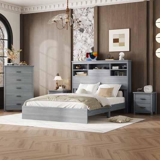 4-Pieces Bedroom Sets Queen Size Vintage Wooden Bed Frame with 2 Nightstands and 1 Dresser,Light Gray