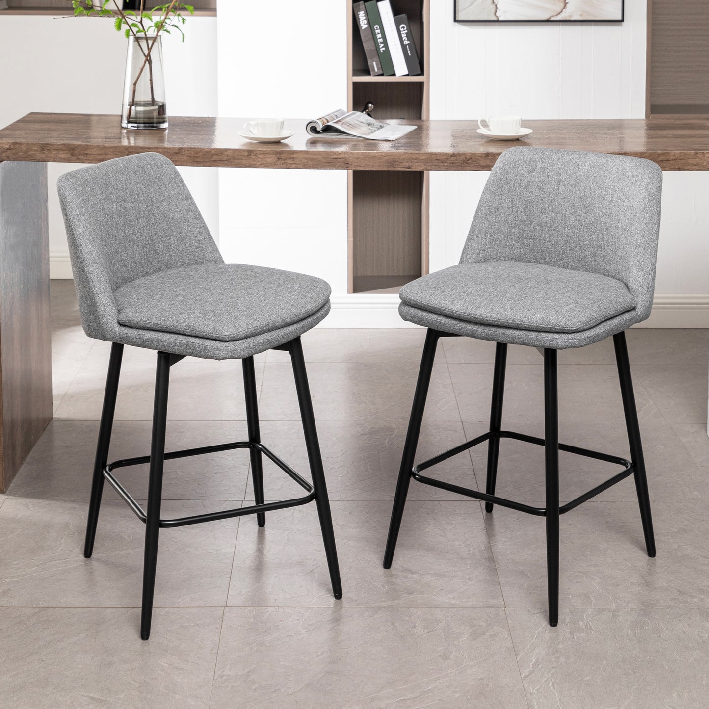 Counter Height Swivel Bar Stools Set of 2, 360° Swivel Upholstered Barstools with Back and Metal Legs, 25.6" Seat Height,Counter Stools for Kitchen Island and Pub,Linen Cloth,Grey