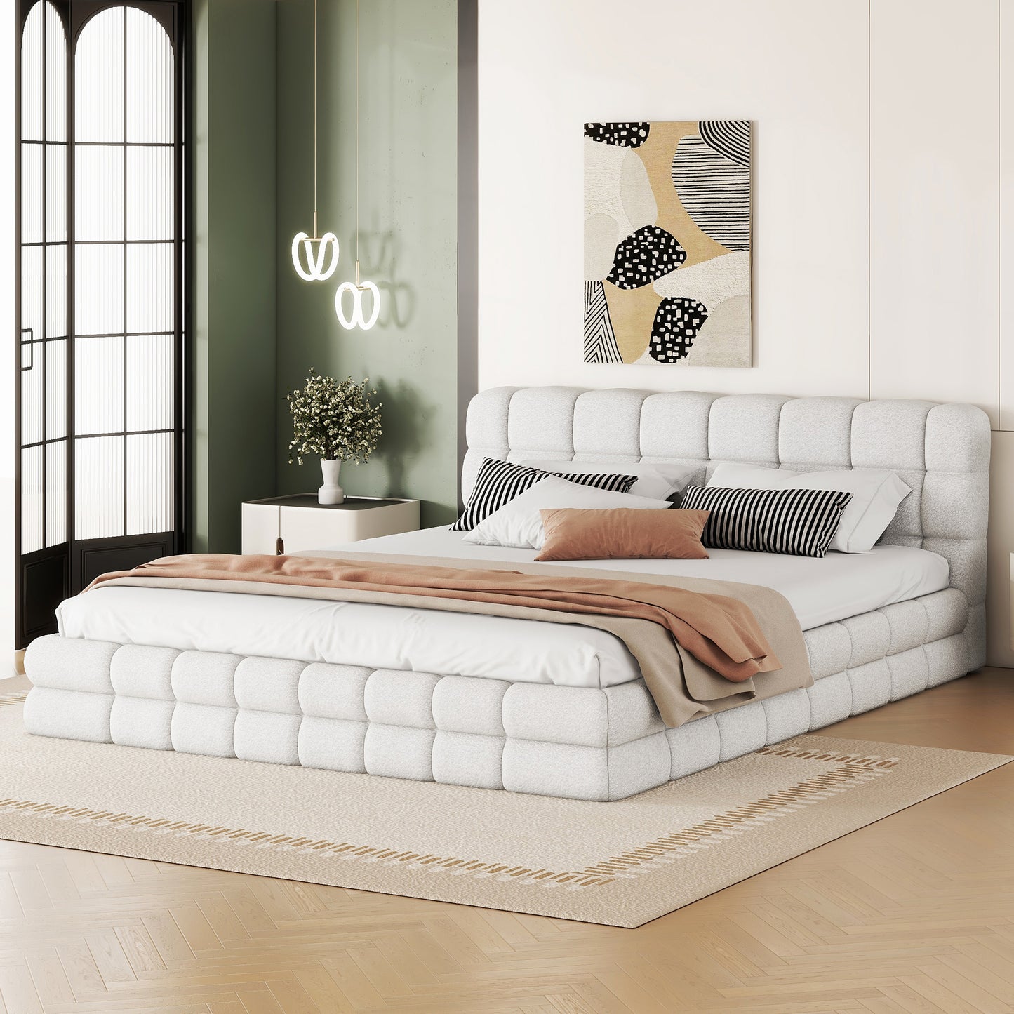 Queen Size Upholstered Platform Bed, White