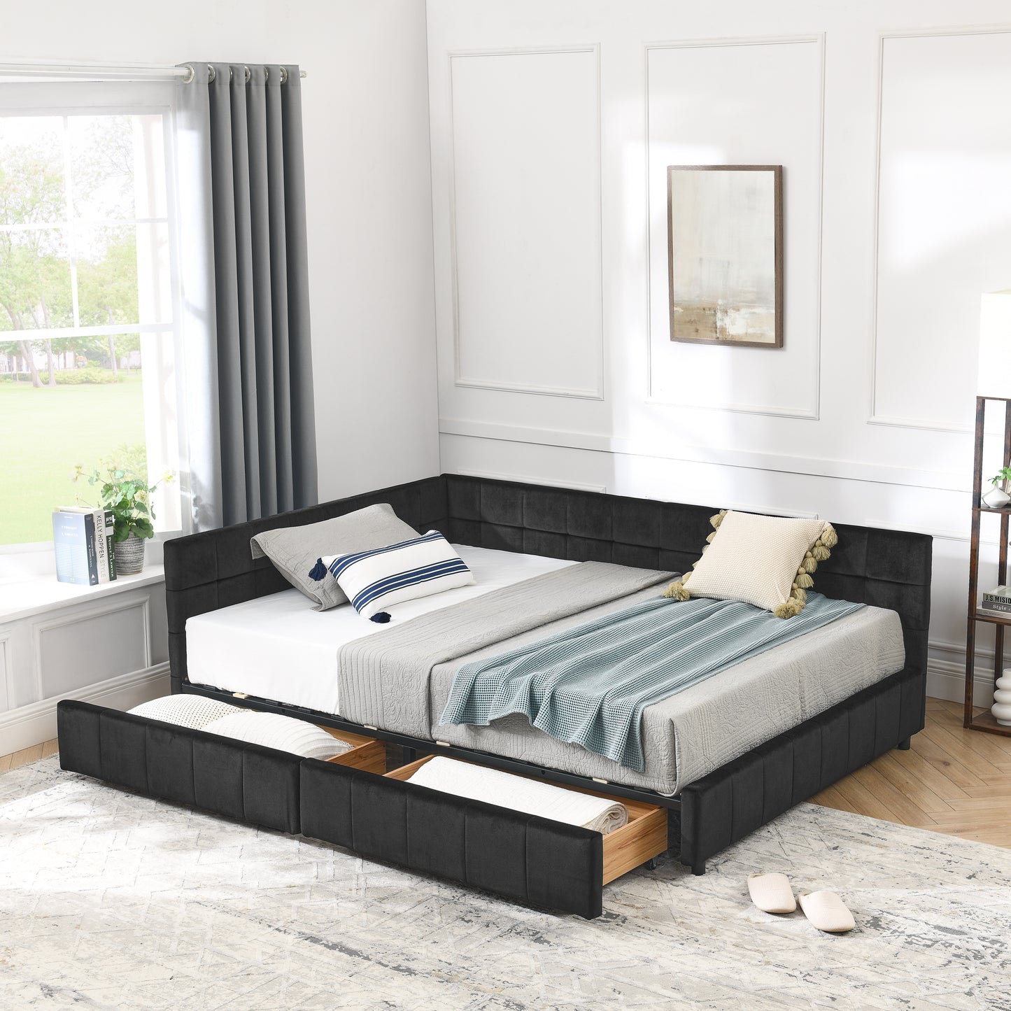 Full Size Storage Upholstered Tufted Bed Frame, Sofa Bed Frame with Comfortable Backrest and Armrests, Full Size Bed for Bedroom, Living Room,Velvet, BLACK(80.5''*59''*29.5'')