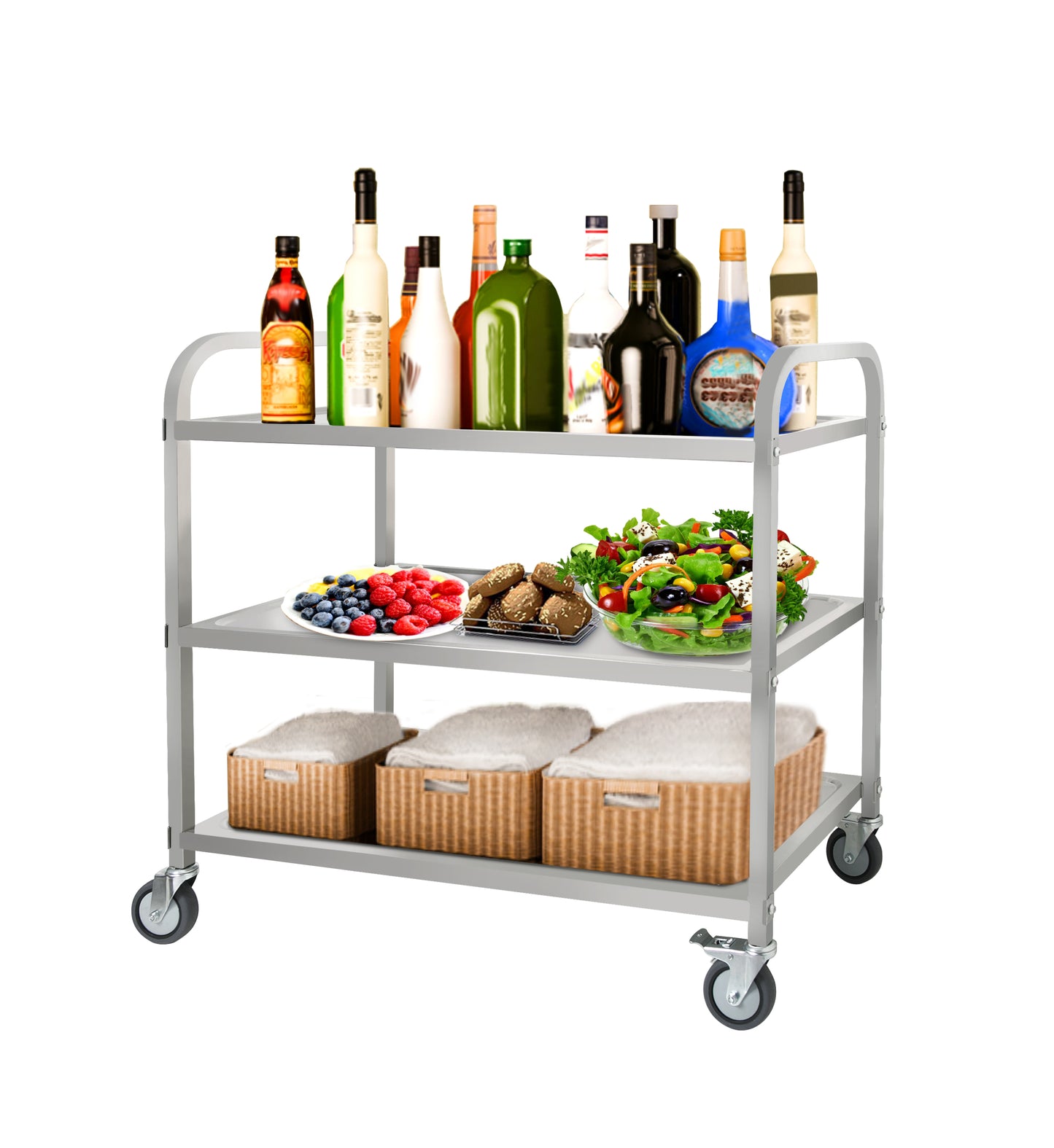 3-Tier Stainless Steel Cart, Serving Cart with Wheels, Restaurant, Household, Service Trolley, 360°Rotation Storage Cart with Locking Wheels 37.4 * 19.2 * 36.6'' L*W*H Rolling Kitchen Food Cart