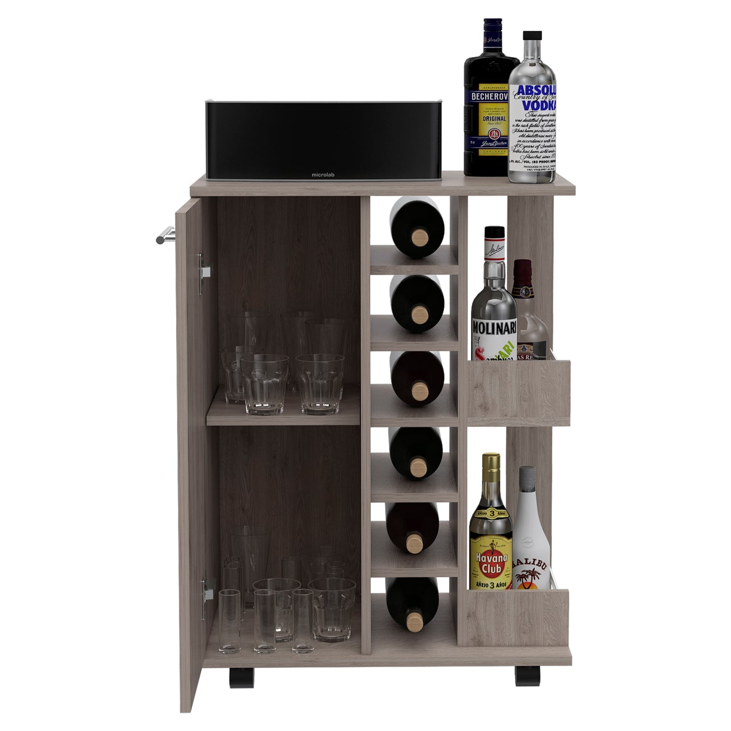 Bar Cart, Two External Shelves, Four Casters, Six Built-in Wine Rack, Single Door Cabinet -Light Gray