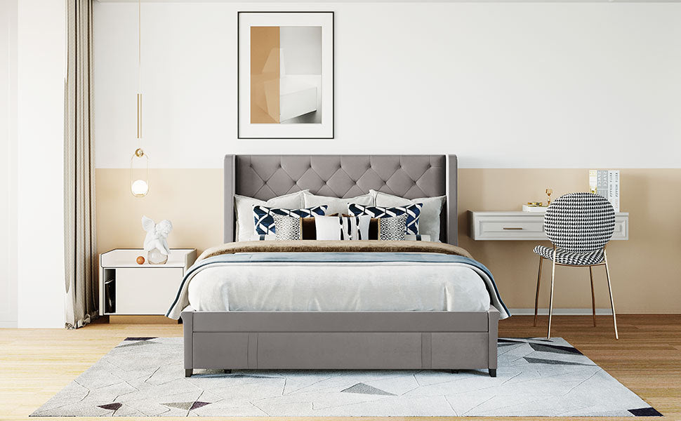 Queen Size Storage Bed Velvet Upholstered Platform Bed with Wingback Headboard and a Big Drawer (Gray)