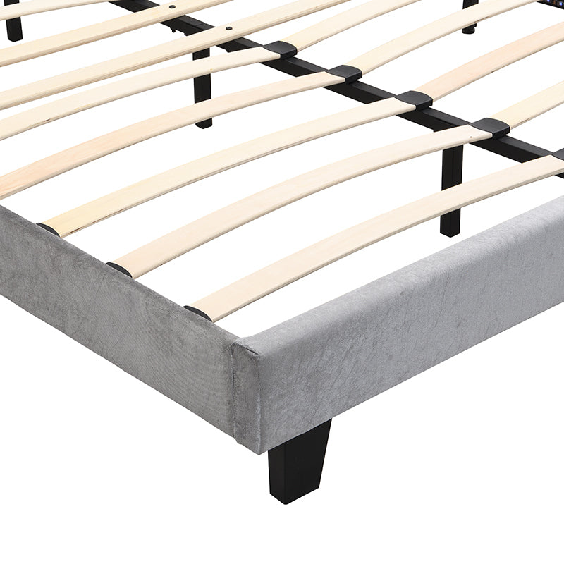 Upholstered Bed Button Tufted with Curve Design - Strong Wood Slat Support - Easy Assembly - Light Grey Velvet - With LED light-platform bed - Queen