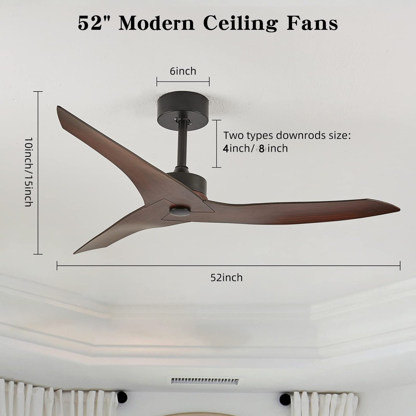 52" Outdoor Ceiling Fan Without Light with Remote Control ,3 ABS Blades Farmhouse Ceiling Fan 6-speed Reversible DC Motor Modern Ceiling Fan for Living Room, Bedroom, Kitchen