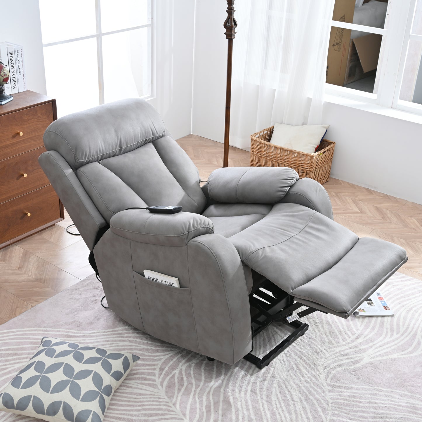 Electric Power Lift Recliner Chair for Elderly, Fabric Recliner Chair for Seniors, Home Theater Seating,Living Room Chair,Side Pocket, Remote Control (Light Gray)