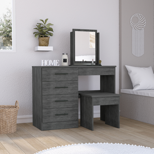 Kaia Makeup Vanity, Four Drawers, One Mirror, Stool -Smokey Oak