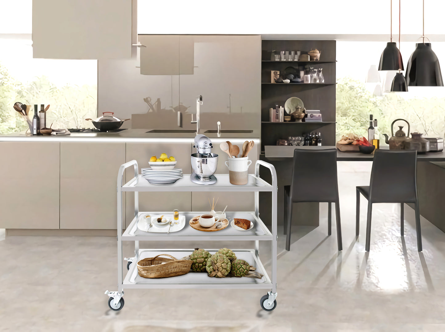 3-Tier Stainless Steel Cart, Serving Cart with Wheels, Restaurant, Household, Service Trolley, 360°Rotation Storage Cart with Locking Wheels 37.4 * 19.2 * 36.6'' L*W*H Rolling Kitchen Food Cart