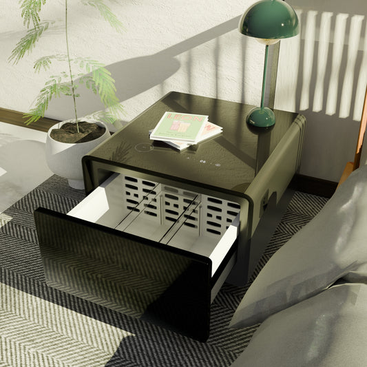 Modern Smart Side Table with Built-in Fridge, Wireless Charging, Temperature Control, Power Socket, USB Ports, Outlet Protection, Induction Light, Black