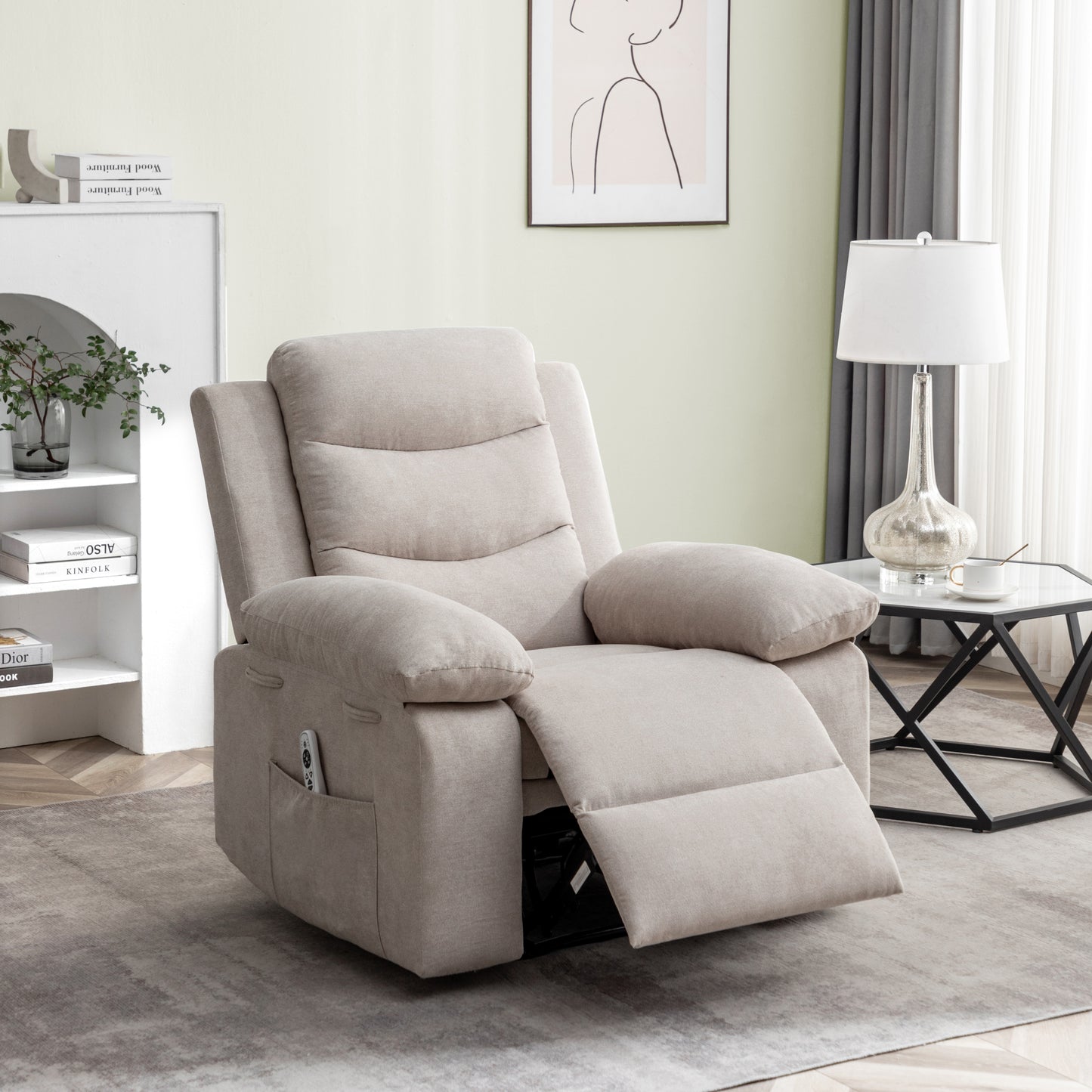 Power Recliner Chair with Adjustable Massage Function, Velvet Electric Power Chair for Elderly with One Side Pockets, Recliner Chair with Heating System for Living Room,Beige