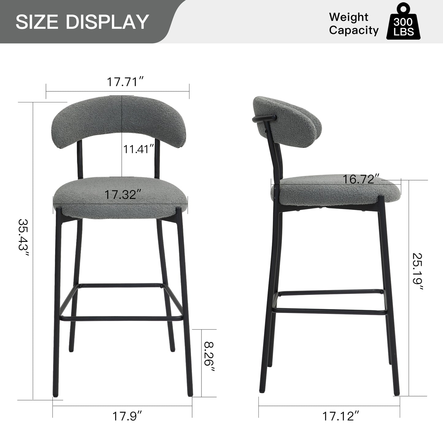 26'' Counter height bar stools Teddy fabric cover kitchen island counter bar stool with black powder coating base and footrest(Grey)