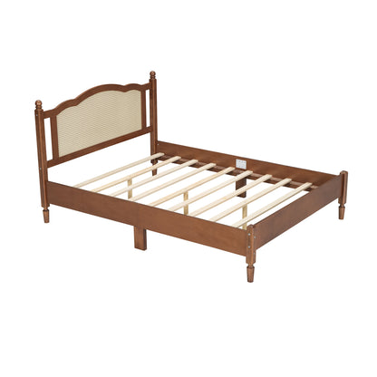 Queen Size Wooden Platform Bed with Natural Rattan Headboard, Vintage Bed Frame with Wooden Slat Support, Walnut