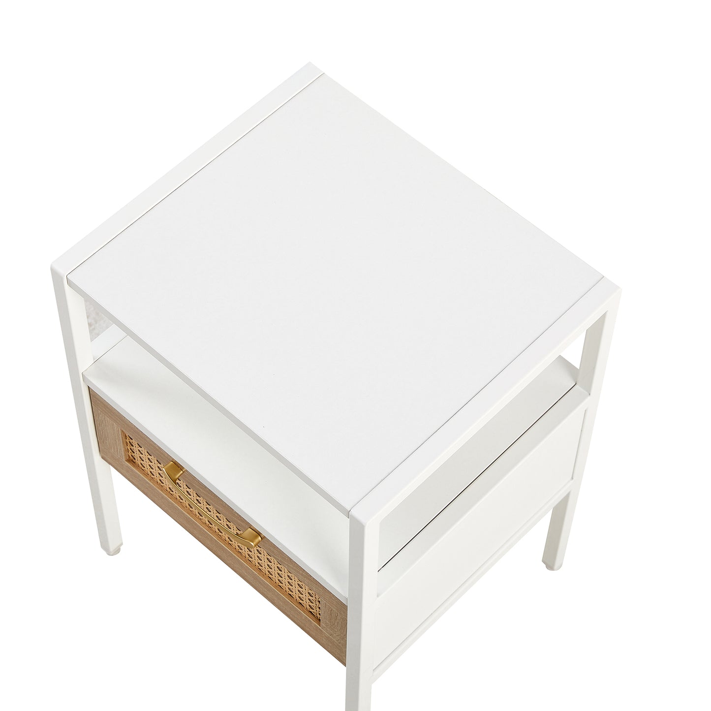 15.75" Rattan End table with  drawer, Modern nightstand, metal legs,side table for living room, bedroom,white(1 pc)