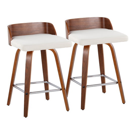 Maya 26" Mid-Century Modern Fixed-Height Counter Stool with Swivel in Walnut Wood and Cream Fabric with Square Chrome Metal Footrest by LumiSource - Set of 2