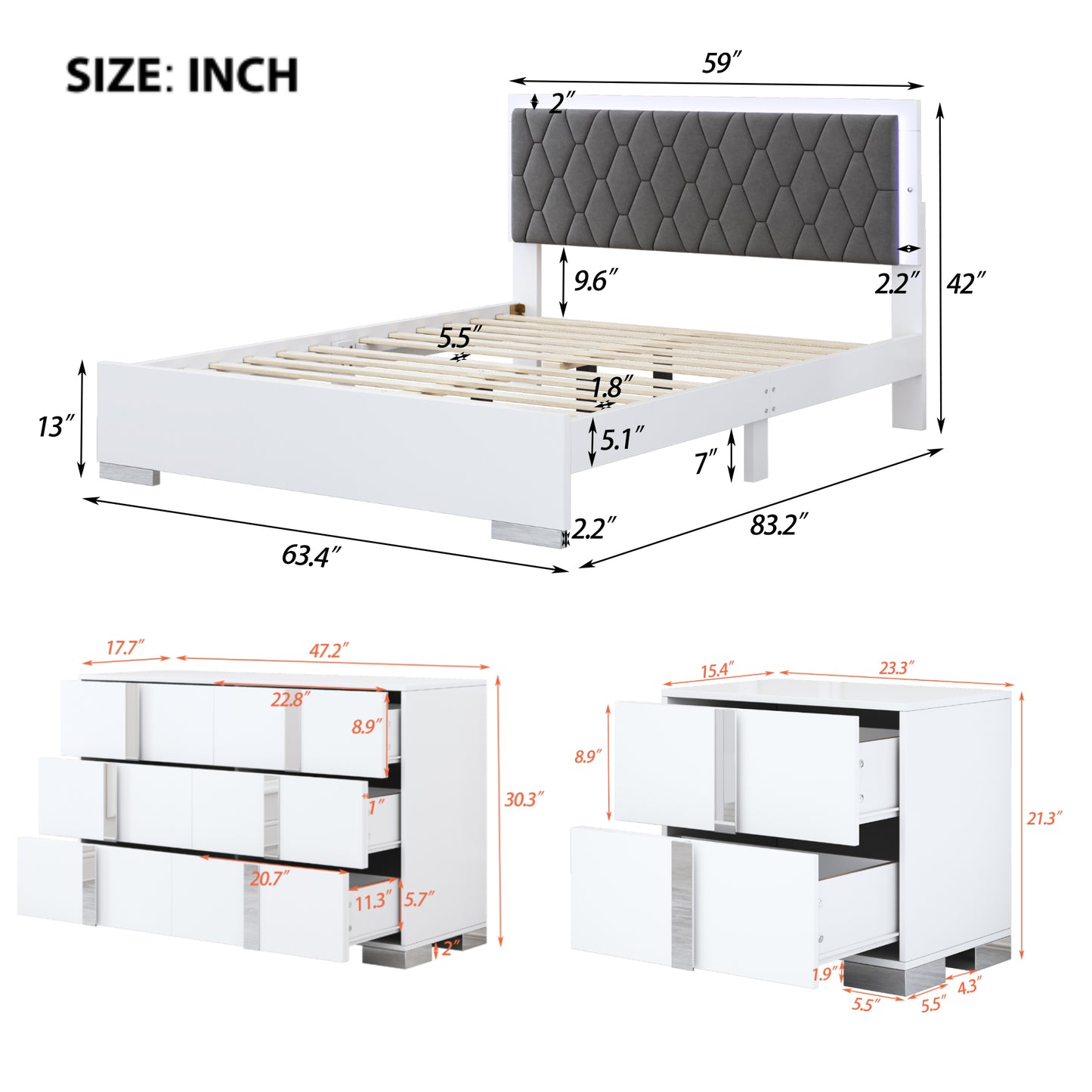 4-Pieces Bedroom Sets Queen Size Upholstered Bed with LED Lights, Mirrored Nightstands and Dresser with Metal Handles and Legs,White