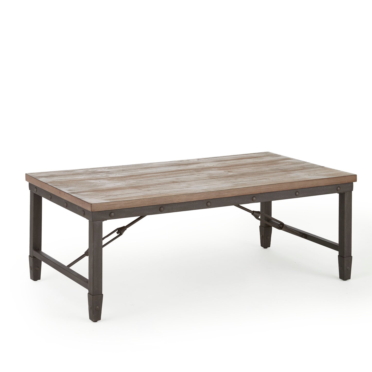 Vintage-Style Cocktail Table - Warm Antiqued Tobacco Finish, Iron Metal Base - Rustic Charm and Rivet Details