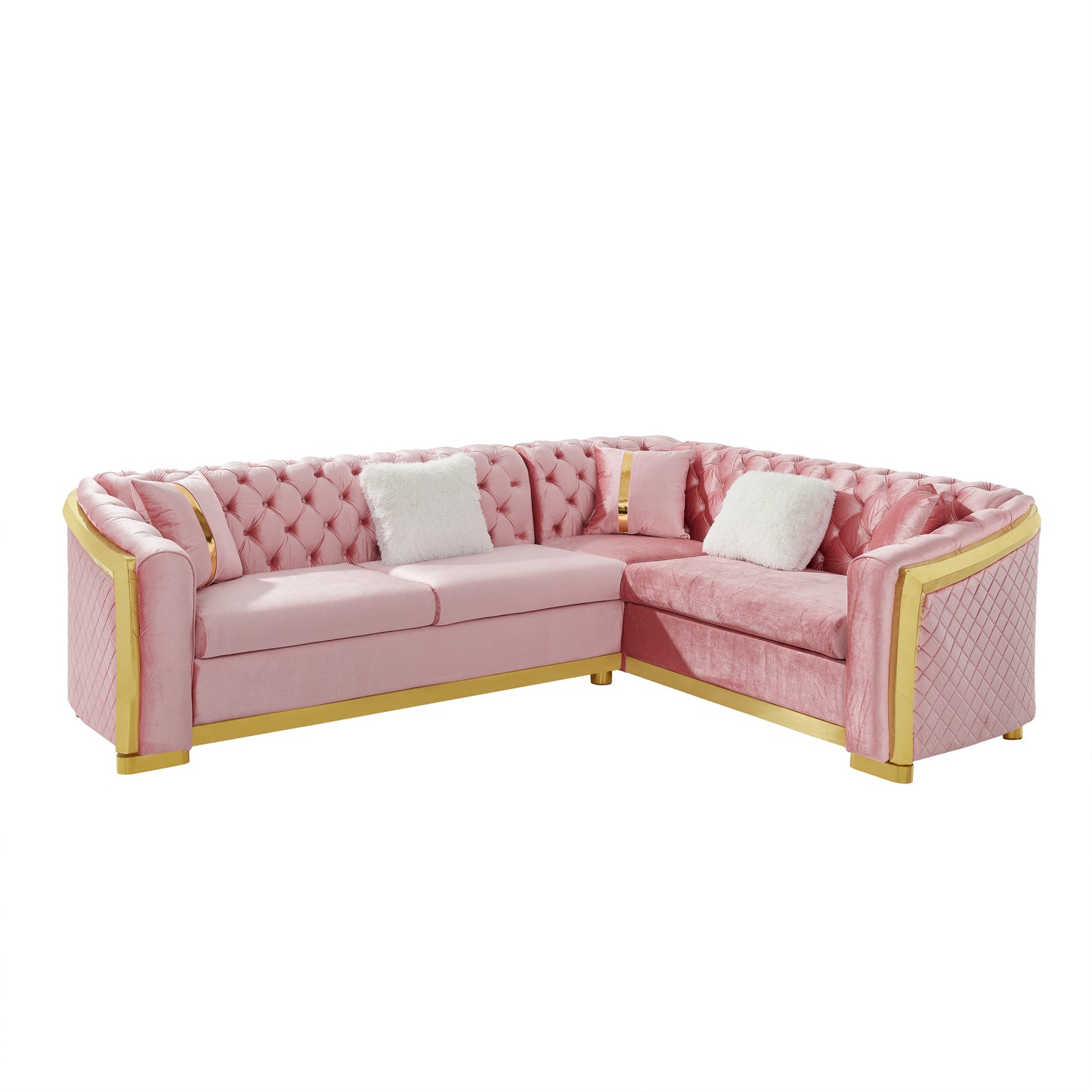 106 Inches L-Shaped Chesterfield Sectional Sofa Set with Gold Stainless Steel Accents, Velvet Button Tufted Sofa with 5 Pillows Luxury Couch for Living Room, Pink
