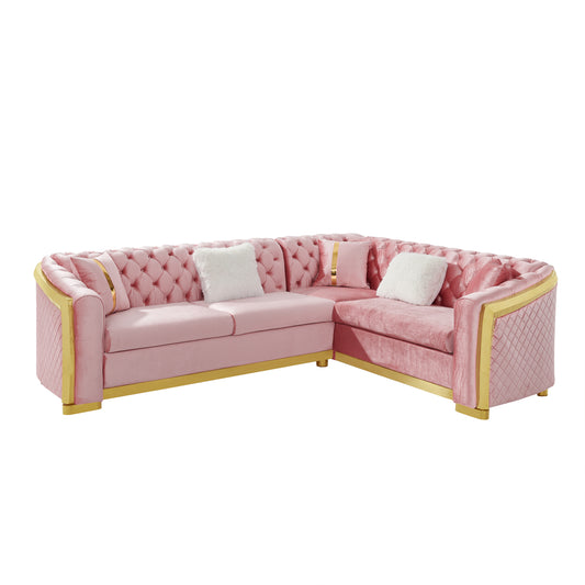 106 Inches L-Shaped Chesterfield Sectional Sofa Set with Gold Stainless Steel Accents, Velvet Button Tufted Sofa with 5 Pillows Luxury Couch for Living Room, Pink