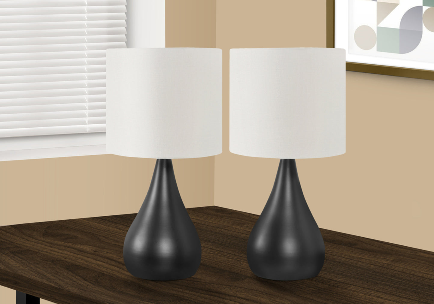 Lighting, Set Of 2, 18"h, Table Lamp, Black Metal, Ivory / Cream Shade, Contemporary