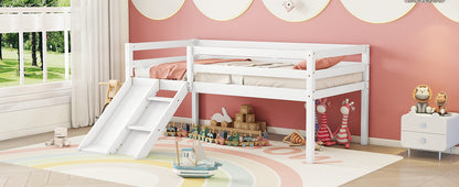 Twin Low Loft Bed with Slide,  Ladder, Safety Guardrails, No Box Spring Needed,White