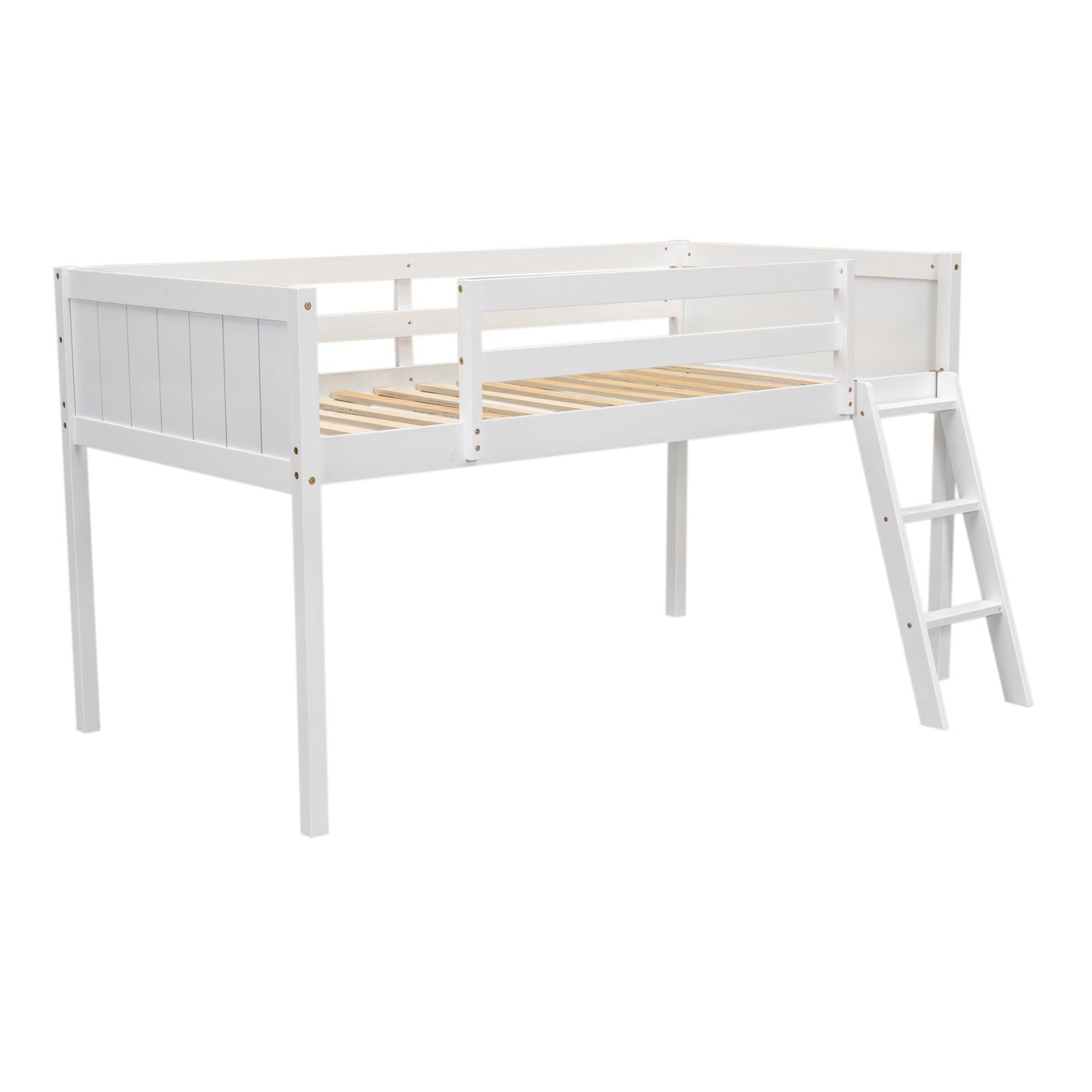 Twin Size Wood Low Loft Bed with Ladder, ladder can be placed on the left or right, White