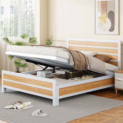 Queen Size Metal Platform Bed with Underneath Storage, White