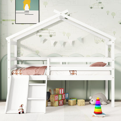 Twin Low Loft House Bed with Slide,  Ladder, Safety Guardrails, House Roof Frame,White