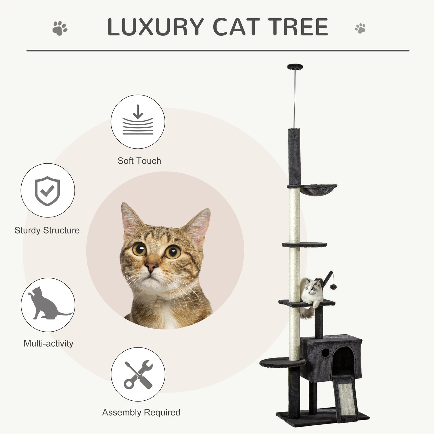 PawHut 106" Huge Cat Tree Kitty Activity Center Floor-to-Ceiling Cat Climbing Toy with Scratching Post Board Hammock Hanging Ball Rest Pet Furniture Dark Grey