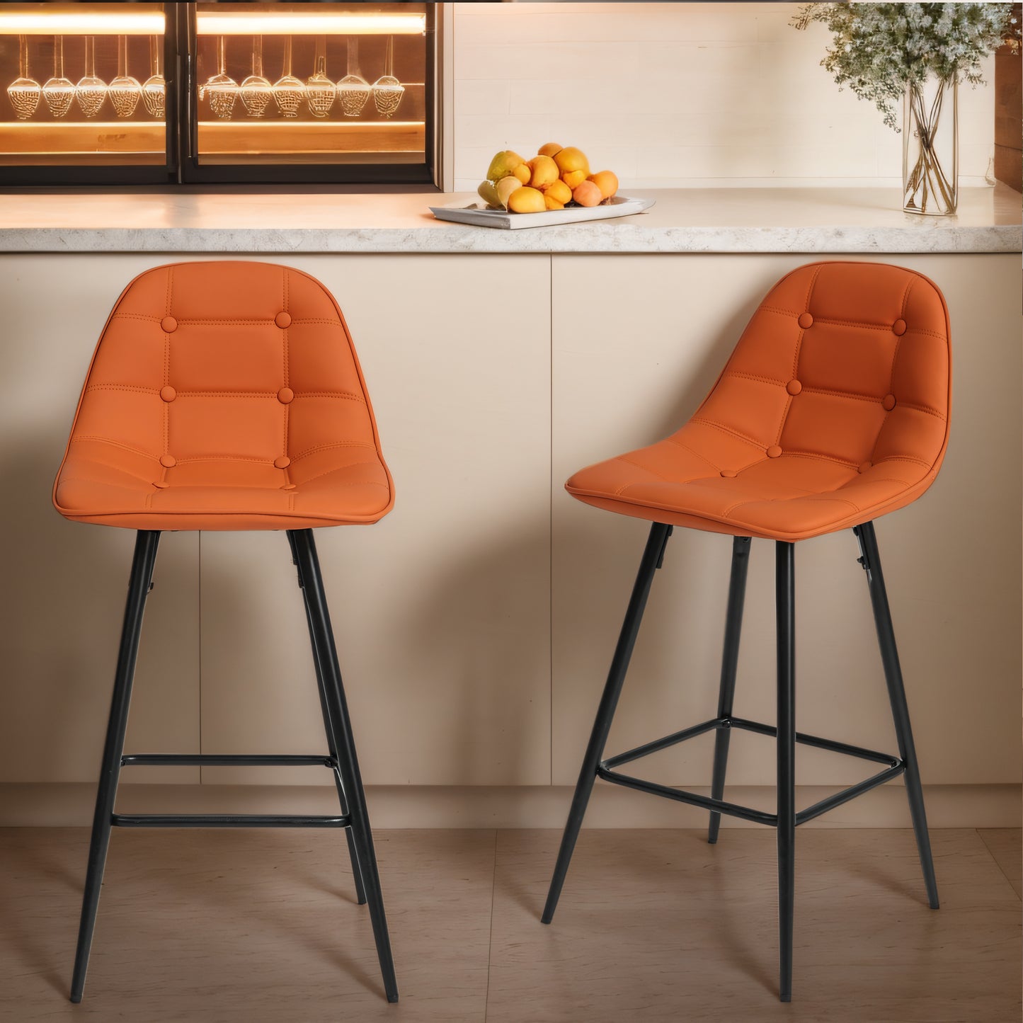 Counter Stools,Set of 2 Bar Stools with Back and Footrest, Modern Metal Counter Height Barstools for Kitchen Home Bar,25.5" Armless Barstool Chairs