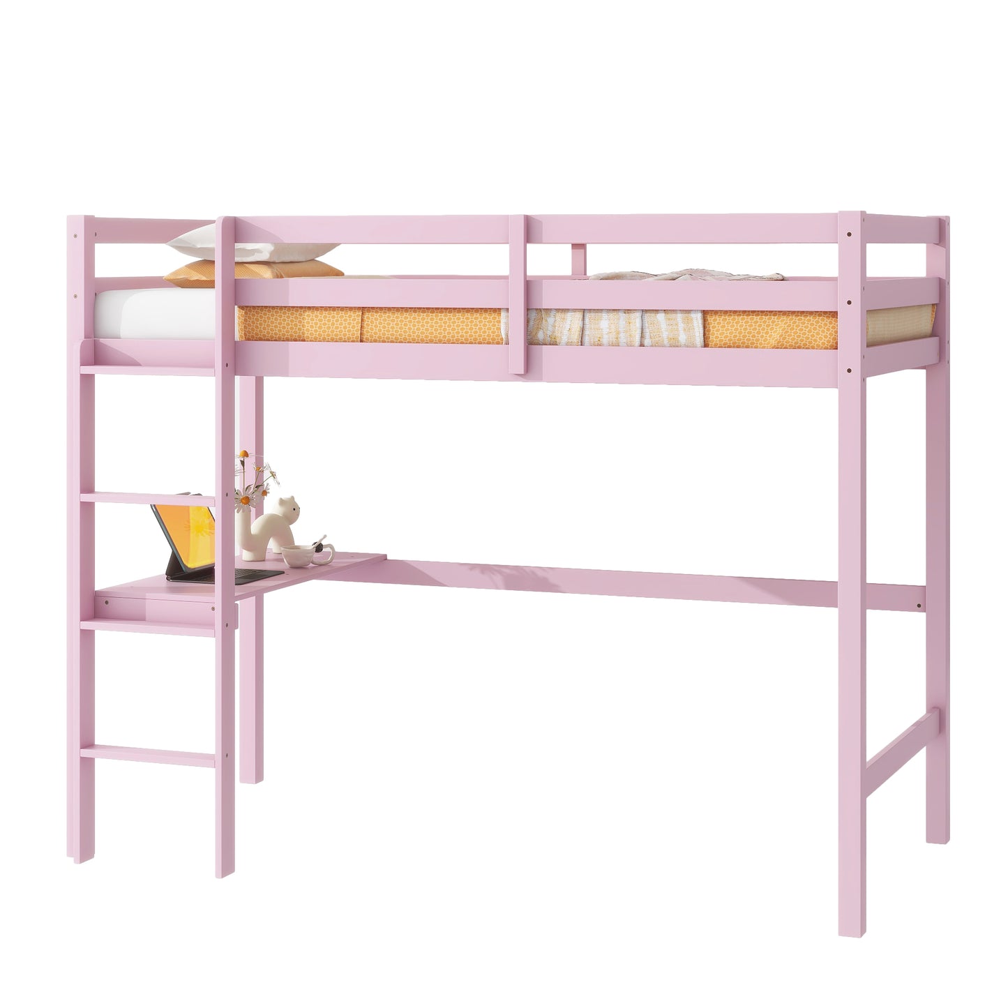 Twin High Loft Bed, Rubber Wood  Loft Bed with Safety Guardrail, built-in desk, ladder,Pink